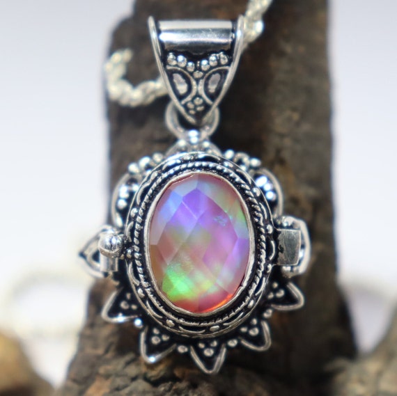 Aurora Opal Poison Pendant, Poison Locket for necklace, poison Silver  plated pendant ,Handmade pendant, pill box necklace, Mother day gift