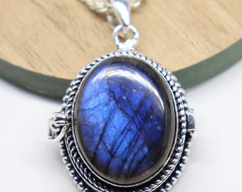 Vintage Labradorite Pill Box Pendant, 925 Silver Plated Locket Necklace
