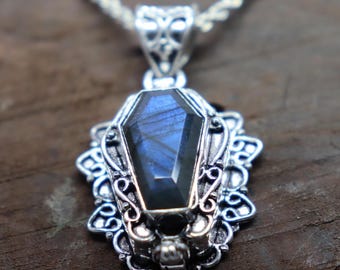 Vintage Coffin Labradorite Pendant: 925 Silver Plated Pill Box Locket