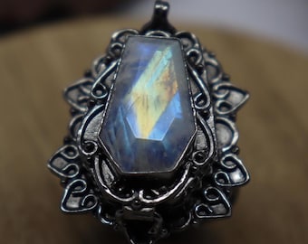 Rainbow Moonstone Coffin Poison Ring, 925 Silver Plated Locket Ring
