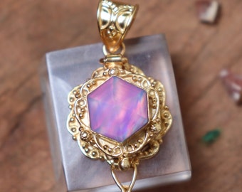 Aurora Opal poison pendent, Rainbow Flashes poison pendent pillbox poison pendent 18k gold Plated Handmade pendent, operable Poison pendent