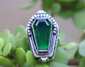 Coffin Poison Ring, Red Glass, Sterling Silver Plated Handmade Compartment Locket Ring