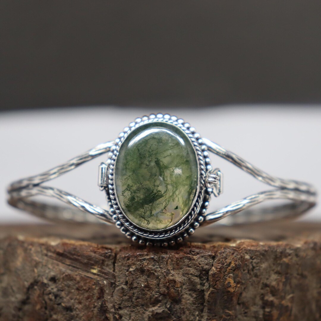 Vintage Moss Agate Poison Bangle, Silver Plated Handmade Compartment ...