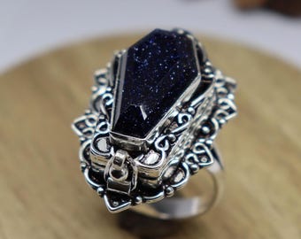 Doodskistgifring van blauwe zandsteen, 925 sterlingzilveren handgemaakte medaillonring