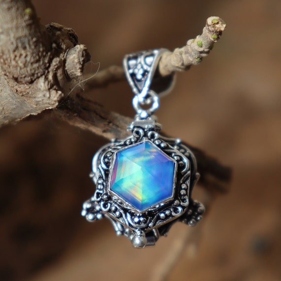 Silver Plated Aurora Opal Poison Pendant, Pillbox Necklace