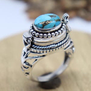 Turquoise Poison Ring , 925 Silver Poison Ring , Handmade Copper Turquoise Ring , December Birthstone Ring ,Small Box Ring, Christmas Gift