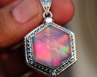 Aurora Opal Pillbox Pendant, Silver Plated, Handmade Poison Locket Ring