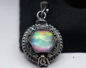 Aurora Opal Poison Pendant, Black Rhodium Locket Necklace
