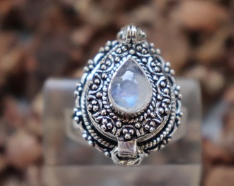 Rainbow Moonstone Poison Ring – Sterling Silver Plated, Handmade Jewelry