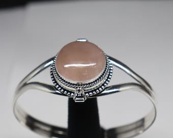 Rose Quartz Poison Bangle, 925 Silver Plated Handmade Compartment Locket Gemstone Cuff Adjustable Bangle