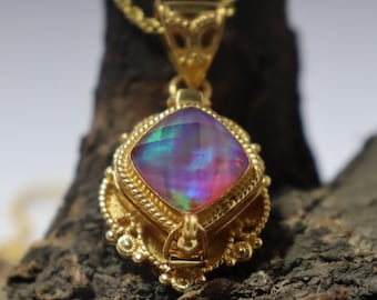 Aurora Opal 18K Gold Plated Pill Box Pendant, Compartment Pillbox Women Necklace