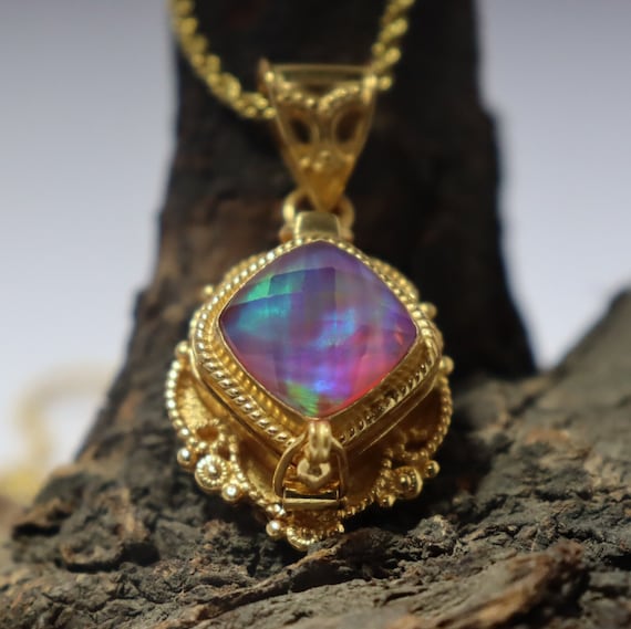 Aurora Opal 18K Gold Plated Pill Box Pendant, Compartment Pillbox Women Necklace
