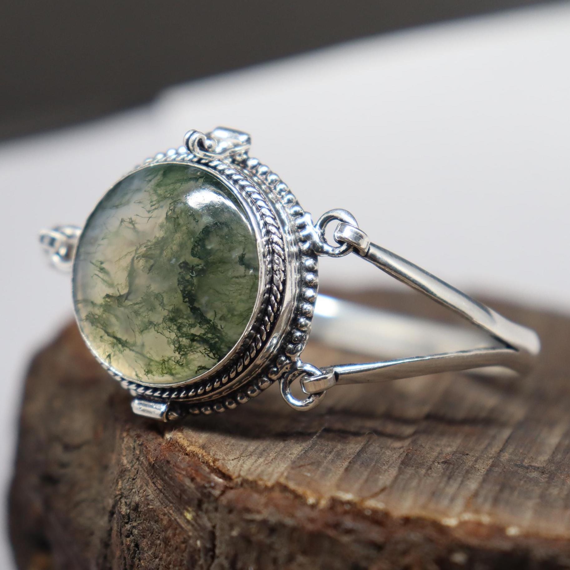 Moss Agate Handmade Poison Cuff Bangle, 925silver Plated Compartment ...