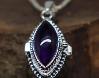 Amethyst Poisoner Locket Necklace: 925 Silver Plated Pill Box Pendant