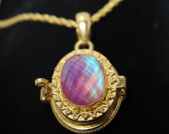 Vintage Aurora Opal Poison Necklace, Gold Plated Pillbox Pendant