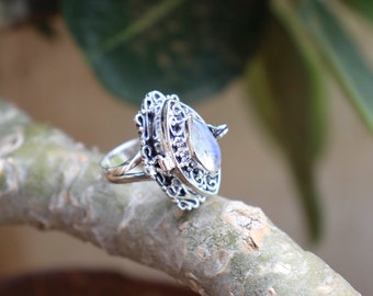 Marquise Moonstone Poison Ring, Sterling Silver Plated