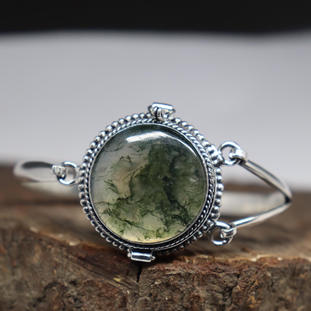 Moss Agate Handmade Poison Cuff Bangle, 925silver Plated Compartment ...