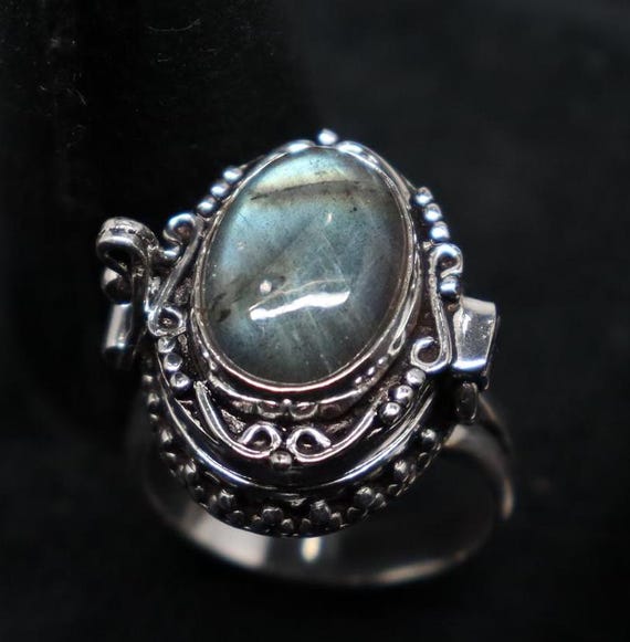 Vintage Labradorite Poison Ring, 925 Silver Plated Pill Box Ring