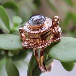 以下が含まれることがあります： ローズゴールドのリングに、ヒンジ付きのロケットが施されています。ロケットには、黒いインクルージョンが入った透明な石がセットされています。リングは繊細で装飾的なデザインです。