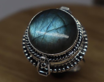 Large Vintage Labradorite Poison Ring, 925 Silver Plated Pillbox Compartment Box Ring