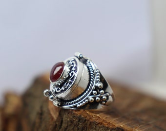 Sterling Silver Plated Poison Ring, Natural Garnet, Pillbox Ring