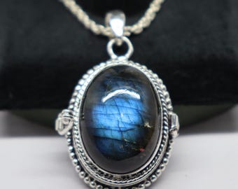 Large Labradorite Poison Pendant, 925 Silver Plated Pill Box Necklace