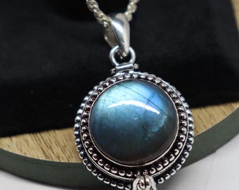 Labradorite Poison Pill Box Pendant, 925 Silver Plated Necklace