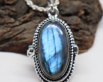 Labradorite Pill Box Pendant: Handmade 925 Silver Plated Necklace