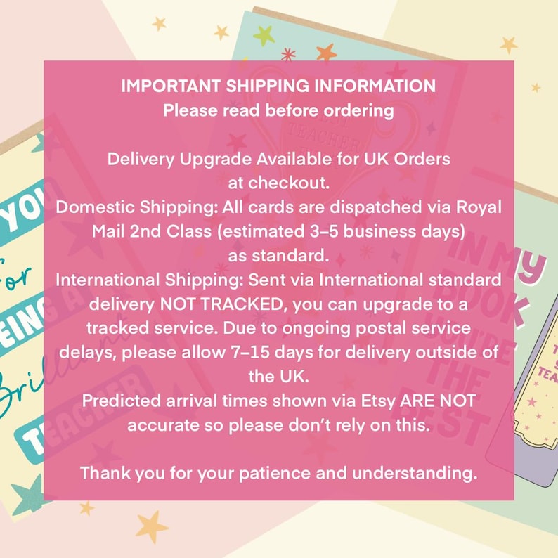 May include: A pink card with the text "IMPORTANT SHIPPING INFORMATION" and other text about shipping details. The card is surrounded by other cards with colorful designs and text.