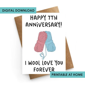 DESCARGA DIGITAL, Tarjeta de aniversario imprimible, Tarjeta del séptimo aniversario para el esposo, Tarjeta de aniversario de lana Esposa, Aniversario para él