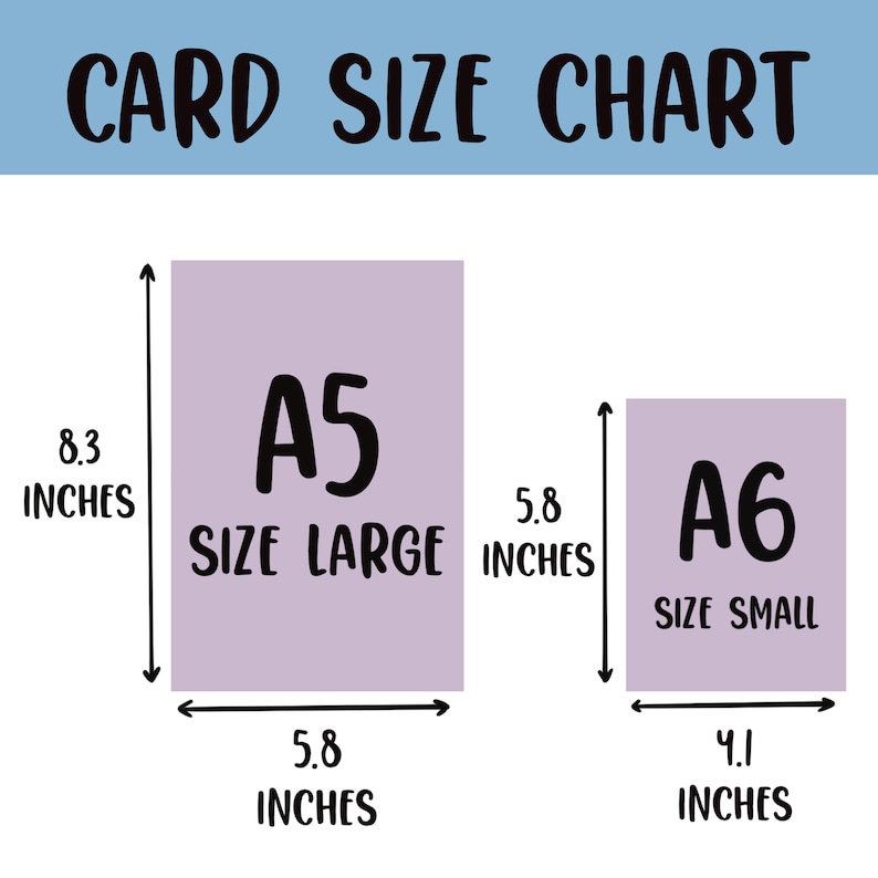 Op de afbeelding: Een kaartgrootte grafiek met twee rechthoekige kaarten, A5 en A6. De A5 kaart is 21,1 cm hoog en 14,7 cm breed, met de tekst "SIZE LARGE". De A6 kaart is 14,7 cm hoog en 10,4 cm breed, met de tekst "SIZE SMALL".