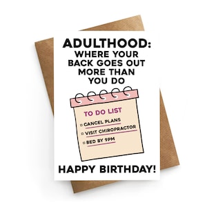 Carte d'anniversaire drôle, carte d'anniversaire de mal de dos, carte d'anniversaire d'adulte, carte drôle pour un ami, carte de liste de tâches, carte de vieillissement drôle elle
