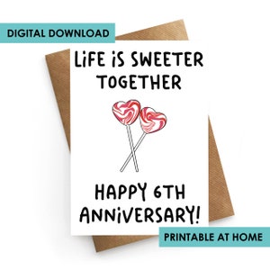 DESCARGA DIGITAL, Tarjeta de aniversario imprimible, Tarjeta de aniversario dulce para el esposo, 6º aniversario para él, Esposa de regalo del 6º aniversario