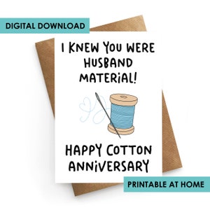 DESCARGA DIGITAL, Tarjeta de aniversario imprimible, Tarjeta de aniversario de algodón para esposo, Tarjeta de esposo, Tarjeta de segundo aniversario, Aniversario para él