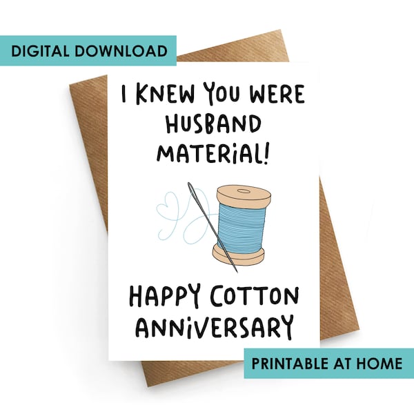 DIGITAL DOWNLOAD, Printable Anniversary Card, Cotton Anniversary Card For Husband, Husband Card, 2nd Anniversary Card, Anniversary For Him