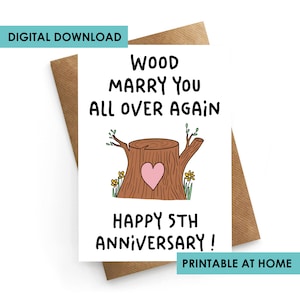 DESCARGA DIGITAL, Tarjeta de aniversario imprimible, Tarjeta de aniversario de madera para el esposo, Aniversario para él, Tarjeta del quinto aniversario de boda