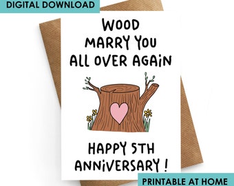 DIGITAL DOWNLOAD, Printable Anniversary Card, Wood Anniversary Card For Husband, Anniversary For Him, 5th Wedding Anniversary Card