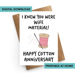 DESCARGA DIGITAL, Tarjeta de aniversario imprimible, Tarjeta de aniversario de algodón Esposa, Tarjeta de aniversario de esposa, Tarjeta de segundo aniversario, Esposa de aniversario