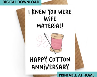 DIGITAL DOWNLOAD, Printable Anniversary Card, Cotton Anniversary Card Wife, Wife Anniversary Card, 2nd Anniversary Card, Anniversary Wife