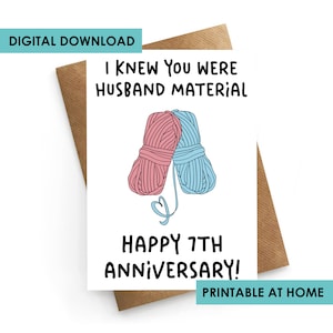 DESCARGA DIGITAL, Tarjeta de aniversario imprimible, Tarjeta del séptimo aniversario para el esposo, Tarjeta de aniversario de lana, Aniversario para él