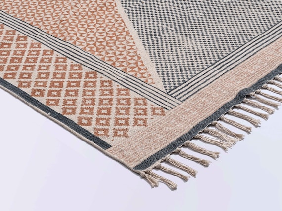 Handmade Printed Cotton Dhurrie Floor Area Rug Bohemian Kilim Boho Rugs Carpet