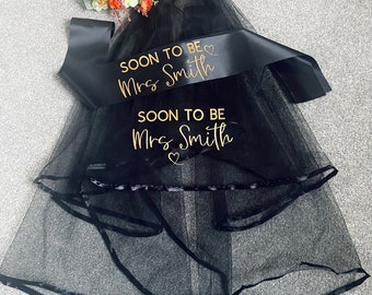 Personalised Hen Party Veil, personalised Black sash, Bride to be veil, Hen veil, team bride veil, customised Black veil & Sash