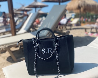 Personalized Beach Tote Bag, Travel Handbag, Initial Hand Bag, Airport Bag, Bridesmaid Bag, Chain Bag, Hand Luggage, Canvas, Gift for Her