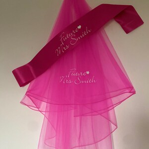 Personalised Mrs Future Hen Party Veil Sash, Bride to be gift, Hen veil, team bride veil, Personalised sash, Bright pink veil, Barbie veil