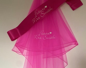 Personalised Mrs Future Hen Party Veil Sash, Bride to be gift, Hen veil, team bride veil, Personalised sash, Bright pink veil, Barbie veil