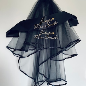 Personalised Hen Party Black Veil, personalised Black sash, Bride to be gift, Hen veil, team bride veil, customised veil & Sash