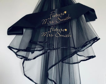 Personalised Hen Party Veil, personalised Black sash, Bride to be veil, Hen veil, team bride veil, customised Black veil & Sash