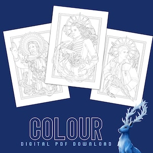 Peut inclure: Trois illustrations en noir et blanc de personnes dans un cadre décoratif. Les illustrations sont prêtes à être colorées. Le texte "COLOUR DIGITAL PDF DOWNLOAD" est en bas de l'image.