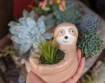 Ceramic Sloth Planter with Succulent | Cute Animal Planter Gift | Potted Plant in Animal Planter