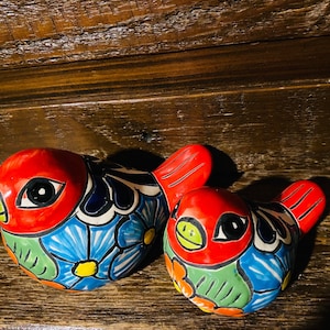 Cute Red  Talavera Bird Set. Lovely Colorful Mexican Ceramic Pottery.